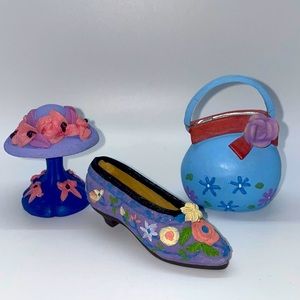 Piece Collection Mini Shoe Purse and Hat Stand Blue Floral Painted Polystone